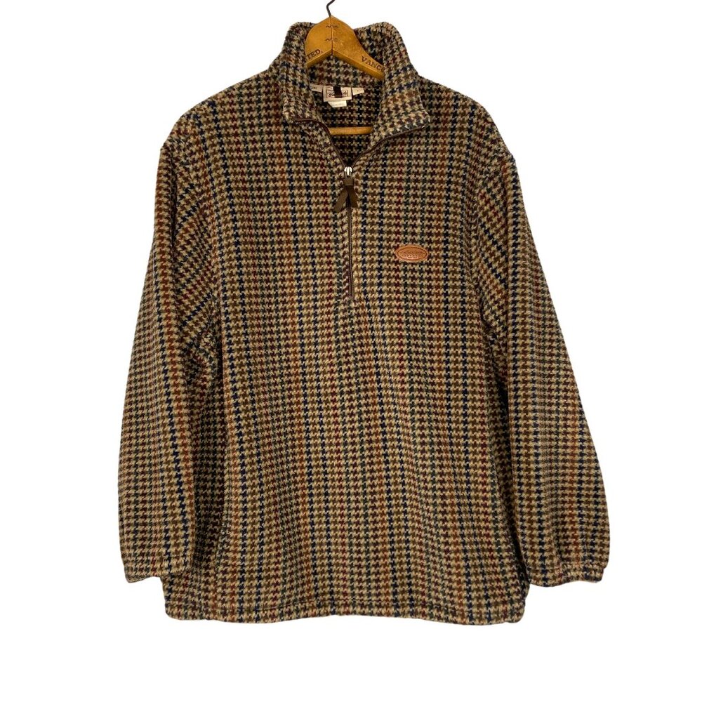 Woolrich Brown Tan Black Houndstooth Quarter-Zip V-Neck Sweater